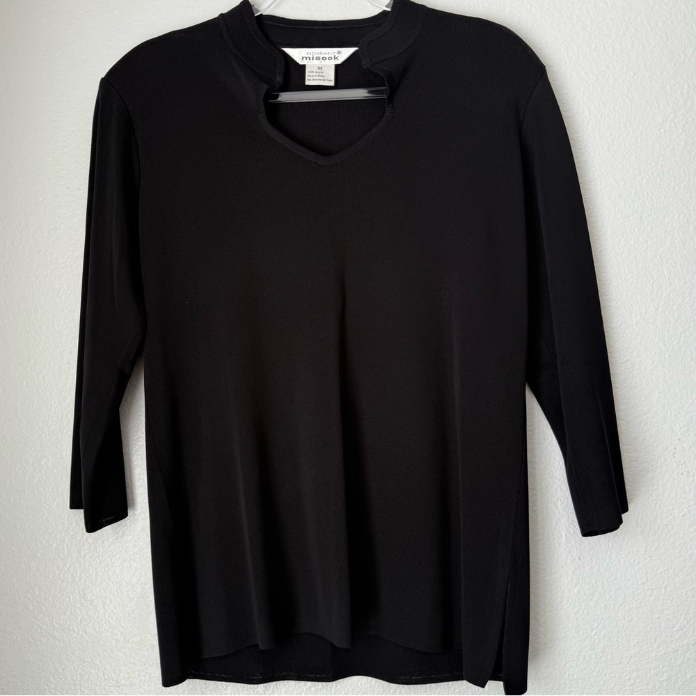 Misook Exclusively Small Black‎ 3/4 Sleeve Blouse Shoulder Pads Elegant Luxury M
